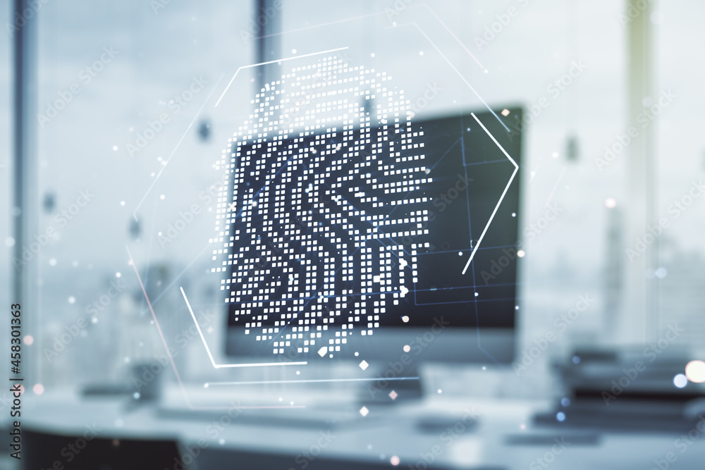Poster Multi exposure of abstract creative fingerprint illustration on modern laptop background, digital access concept