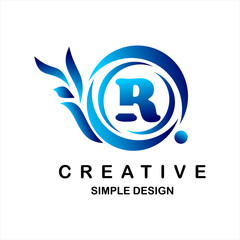 Logo vector letter r. Illustration of circle and dots, blue snail icon shape.