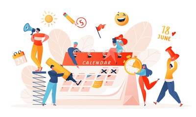 Time management, organization of work and notification of life events, reminder memo, monthly or yearly work plan. Vector cartoon characters help and plan dates on the huge calendar together.