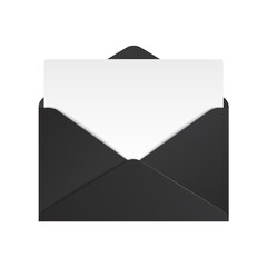 Realistic black envelope. Opened envelope mockup with paper sheet, isolated unfolded letter. Vector illustration