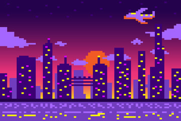 Cityscape pixel at night with river and airplane on purple sky background.