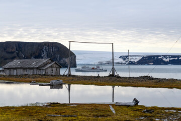 Russian research and polar expedition base in Tikhaya Bay (Tikhaya Bukhta) on Franz Josef Land archipelago. Wooden buildings in Arctic.