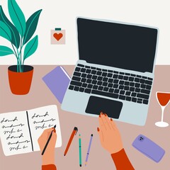 Working desk with laptop. Home workplace computer abstract card, cartoon hands notebook screen plant. Vector illustration