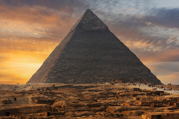 Fototapeta na wymiar Pyramid of Khafre on the Egyptian plateau of Giza against the backdrop of a picturesque sky