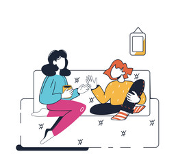 A woman with her teenage daughter is sitting on the couch and chatting. Happy family relationship. Minimalism. Vector illustration in cartoon style isolated on white background.