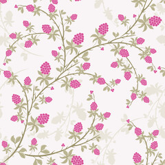 Trendy floral background. Seamless stylish pattern with elements of blackberry or raspberry in green and pink colors. Repeating design for wallpaper, packaging, textile, print, cover