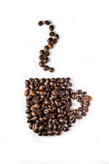 Cup of coffee made of coffee beans on white background