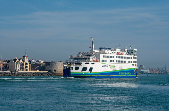 Portsmouth, England, UK. 2021. A roro passenger and vechicle ferry outbound from Portsmouth Harbour  passing the Round Tower fortification.