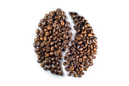 Big coffee bean made of coffee beans on white background