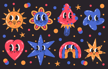 Abstract doodle comic characters. Cartoon emoji cute shapes, rainbow, heart, mushroom and star hand drawn vector illustration set. Cute comic mascots