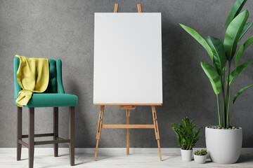 Blank canvas on wooden easel with plant - obrazy, fototapety, plakaty