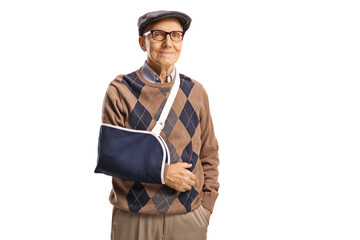 Elderly man with a broken arm wearing a splint