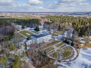 Aerial winter view of Palanga city park, with Amber museum in it. Park located on the coastline of Baltic sea