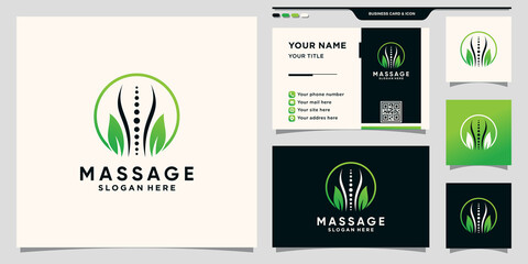 Massage therapy logo with circle line art style and business card design Premium Vector