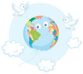 Day of Peace, a funny globe friendly smiling and flying among white clouds like a balloon with merry small birds, vector cartoon illustration isolated on a white background
