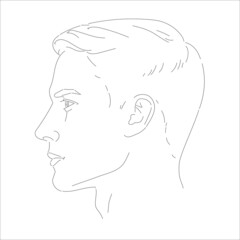 Set of man face portrait three different angles and turns of a male head. Close-up vector line sketch. Different view front, profile, three-quarter of a boy.