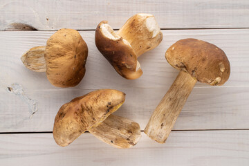 Several forest porcini mushrooms on a wooden table, close-up, top view.