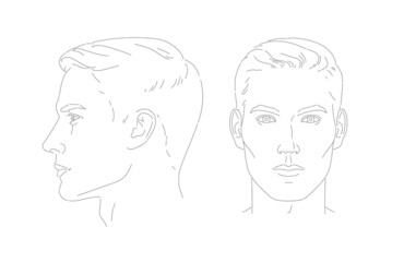 vector Set of man face portrait three different angles and turns of a male head. Close-up line sketch. Different view front, profile, three-quarter of a boy. - obrazy, fototapety, plakaty