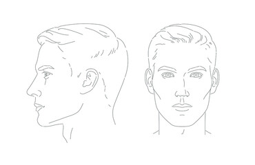 Set of man face portrait three different angles and turns of a male head. Close-up vector line sketch. Different view front, profile, three-quarter of a boy.