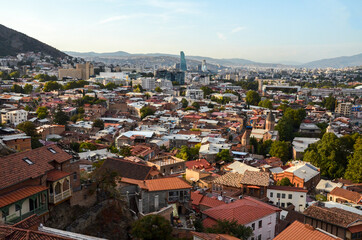 Panoramic view of Tbilisi old town from Narikala fortress, at sunset. Georgia