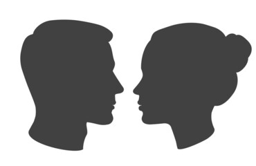 Silhouette of man and woman heads face to face in profile. Portrait of young beautiful girl, boy looking side. Vector illustration on white. - obrazy, fototapety, plakaty