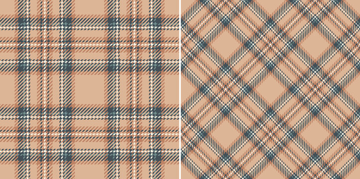 Tartan plaid pattern in beige and brown. Seamless traditional Royal Stewart print in neutral colors for scarf, bandana, dress, skirt, trousers, other modern spring autumn winter fashion textile.