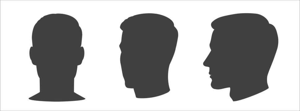 Vector Set of man face silhouette. Different angles Front and profile view. Male portrait of young beautiful boy with trendy hairdo. Vector line sketch illustration.
