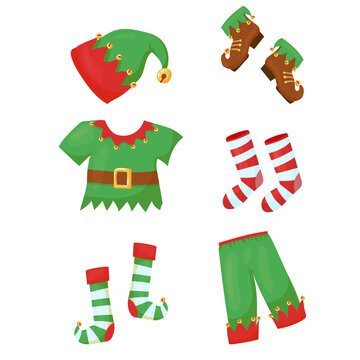 Santa's helper elf clothes. Yarey costume. Christmas decor in cartoon style. Vector illustration isolated on white background.