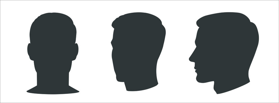 Set of man face silhouette. Different angles Front and profile view. Male portrait of young beautiful boy with trendy hairdo. Vector line sketch illustration.