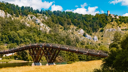 Beautiful summer view at the famous Tatzlwurm bridge, one of the longest wooden bridges in europe, near Essing, Altmuehltal, Bavaria, Germany
