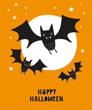 Funny Hand Drawn Halloween Vector Illustration. Cute Black Flying Bats, Handwritten Happy Halloween and White Full Moon on an Orange Background. Funny Halloween Print for Card, Poster, Wall Art.