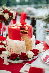 A wedding or celebration cake with intricate floral decorations and a romantic design.