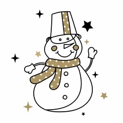 The Christmas character is a snowman in black and gold.