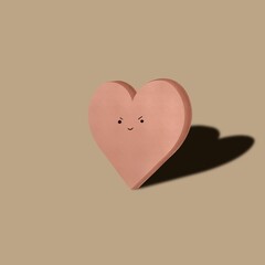 3d soft pink realistic heart with angry cunning smile on brown background 