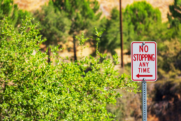 No Stopping Anytime road sign with arrow pointing left. Blurred green trees landscape background.
