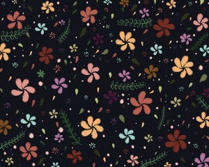 Fototapeta na wymiar Abstract dark floral pattern background with flowers and leaves ornament 