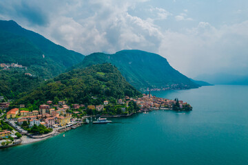 Aerial view of Varenna village. Varenna is a picturesque and traditional village, located on the eastern shore of Lake Como, Italy