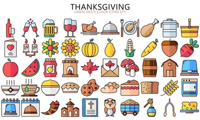 Thanksgiving day multi color icons set. Collection of holiday traditional elements, thin outline symbols. Used for modern concepts, web, UI, UX kit and applications. EPS 10 ready to convert to SVG.