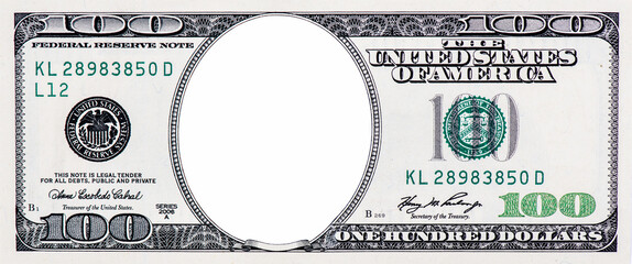 Clear 100 Dollar Banknote pattern, One hundred dollar border with empty middle area, U.S. 100 highly detailed dollar banknote. on a white background. - obrazy, fototapety, plakaty