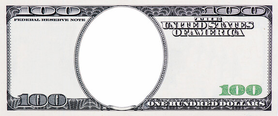 Clear 100 Dollar Banknote pattern, One hundred dollar border with empty middle area, U.S. 100 highly detailed dollar banknote. on a white background.