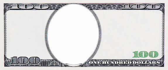 Clear 100 Dollar Banknote pattern, One hundred dollar border with empty middle area, U.S. 100...