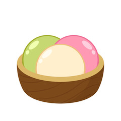 Mochi in wood bowl. Mochi vector. Mochi on white background.