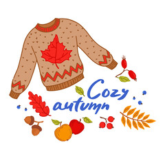 Cozy autumn elements set. Hand lettering. Cozy
