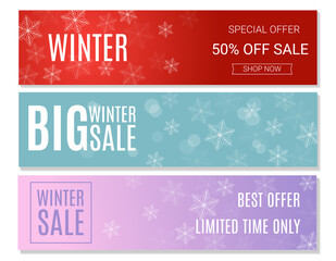 Set of winter sale horizontal banners template. Discount text with snowflakes