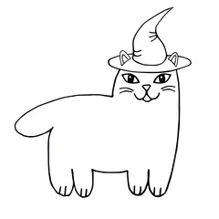 Vector hand drawn doodle sketch Halloween cat in witch hat isolated on white background
