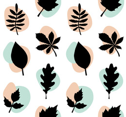Vector seamless pattern of hand drawn leaves silhouette and abstract dots isolated on white background