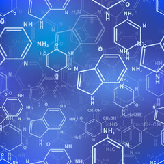 Different chemical nucleobases structures on blue, scientific seamless pattern