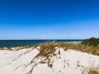 White sand dunes with some grass and seascape background
