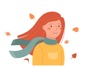 Happy girl with a scarf and flying autumn leaves. Vector illustration.