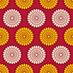 Seamless african fashion vector pattern with circles, rounded shapes, wavy lines. Bright, vibrant colors. Color illustration.
